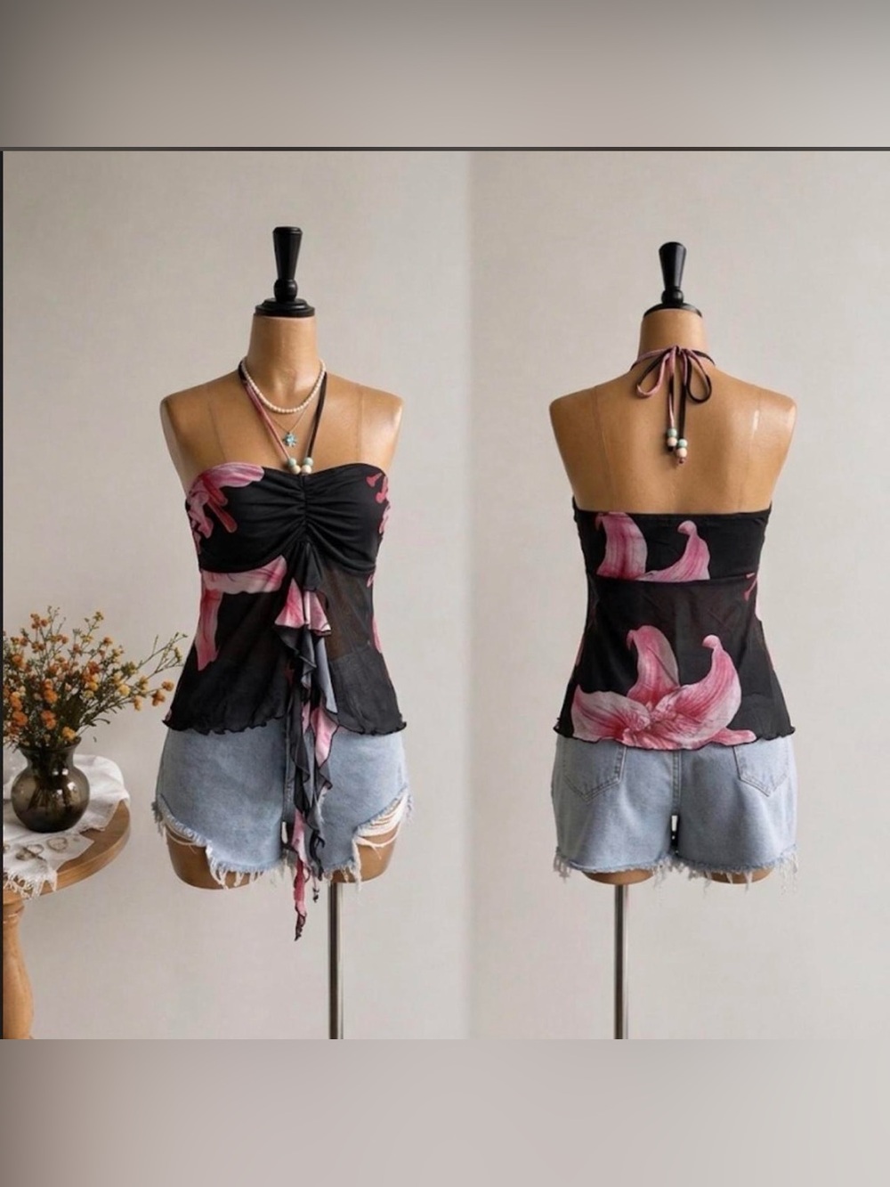 Black & Pink Floral Halter Tie Camisole Top